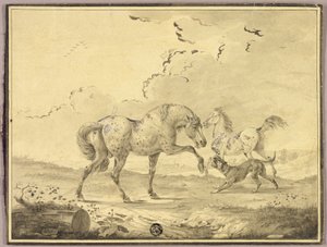 犬と闘う2頭の馬 作： Johann Georg Pforr