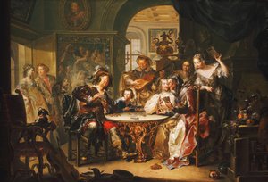 豪華なインテリアの老婦人とカードで浮気する紳士、 作： Johann Georg Platzer