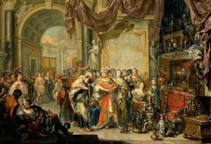 ""Cresus (596-546 avant JC) montre ses tresors a Solon (640-558 av. JC)" - Croesus and Solon - Johann Georg Platzer (1704-1761) による銅に油彩 - State Art Gallery、ドレスデン 作： Johann Georg Platzer