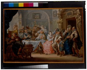 仮面舞踏会の衣装を着たエレガントな人々が宴会をするインテリア 作： Johann Georg Platzer