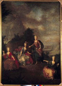 1765年1月24日、大公によってショーンブルン城で行われたヨーゼフ2世とマリー・ジョゼフィーヌ・アントワネット・ド・バヴィエールとの結婚の際に上演された、クリストフ・ウィリバルド・グルック作のイタリア・オペラ「パルナッソ・コンフーゾ」を表現したもの。 作： Johann Georg Weikert