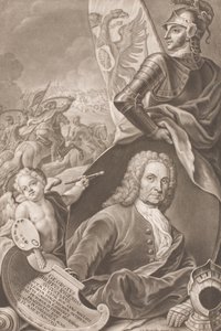 戦闘シーンを背景にした画家ゲオルク・フィリップ・ルゲンダスの胸像 作： Johann Gottfried Haid