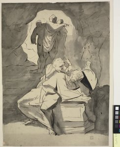 他の人物と一緒に洞窟の墓石をめぐって絶望する男