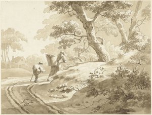 田舎道にいる女性と少年のいる風景 作： Johann Heinrich Keller (II) (possibly)