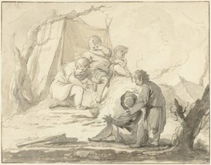 火の周りの子供たちとの寓意的なパフォーマンス 作： Johann Heinrich Keller (II)