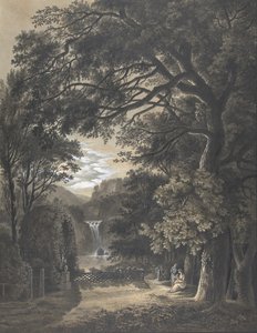 滝のある風景の中で記念碑の前に集まる家族、1805年 作： Johann Heinrich Meyer