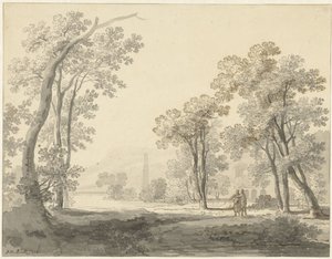 右側に 2 人の人物がいる風景 作： Johann Heinrich Muntz