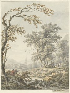 遠くに滝と教会のある風景 作： Johann Heinrich Muntz
