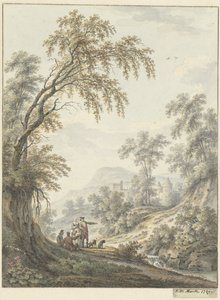遠くに滝と城のある風景 作： Johann Heinrich Muntz
