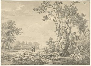 城、牛、歩行者がいる南部の風景 作： Johann Heinrich Muntz