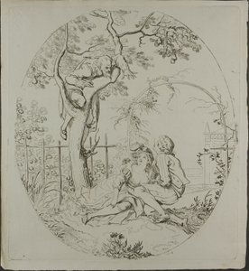 樹木の下で恋人たちを監視するヒゲの男 作： Johann Heinrich Ramberg
