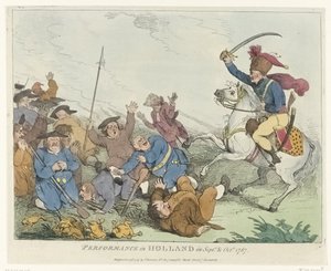 見せ物、ショー、芝居 1787 年 9 月と 10 月のオランダでの公演 (オブジェクトのタイトル) 1787 年のペイトリオッツに関する 4 つの英語の漫画 (シリーズ タイトル) 作： Johann Heinrich Ramberg