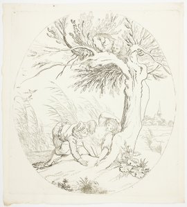 リクライニング愛好家をスパイしている観察されていない男 作： Johann Heinrich Ramberg