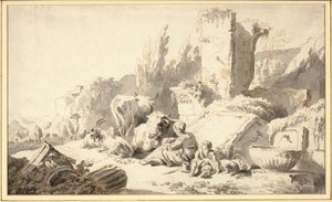古典的な廃墟の横にある家族と牛との家畜追い 作： Johann Heinrich Roos