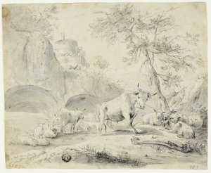 牧夫と羊、山羊、牛のいる風景 作： Johann Heinrich Roos
