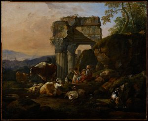 牛と羊飼いのいるローマの風景、1676年 作： Johann Heinrich Roos