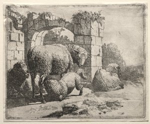 アーチの廃墟近くの羊、1665年。 作： Johann Heinrich Roos