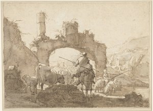 2 人の羊飼いが牛を川に追いやる 作： Johann Heinrich Roos