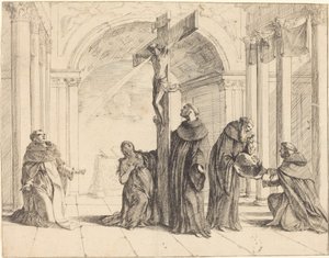 トマス・アクィナス、マグダラのマリア、アルベルトゥス・マグヌスなどの聖人がいる教会の十字架 作： Johann Heinrich Schönfeld