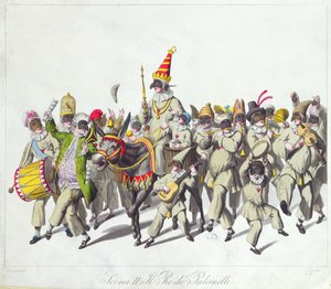 19世紀初頭のローマのカーニバルでのキングパンチの行列（カラー彫刻） 作： Johann Heinrich Stuermer