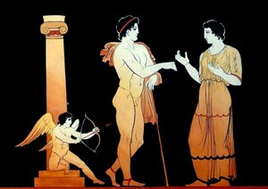 話している若いカップルに彼の矢の 1 つを向けるエロス c.1796 (銅板の彫刻) 作： Johann Heinrich Wilhelm Tischbein