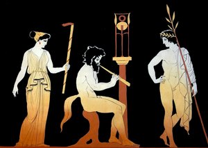 サテュロスがフルートを演奏するのを聞いている冠をかぶったゲームの勝者を示すプレート c.1796 (銅板の彫刻) 作： Johann Heinrich Wilhelm Tischbein