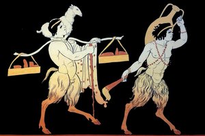 キャリング ポールを使用して、ディオニュシア祭への賛辞と供物を運ぶ 2 つのフォーン。1796 年 (銅板の彫刻) 作： Johann Heinrich Wilhelm Tischbein