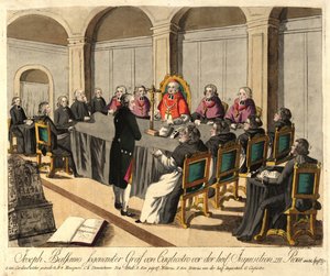 1791 年 4 月 14 日のローマでの異端審問の前に、カリオストロ伯ジョセフ バルサモ。 作： Johann Hieronymus Loeschenkohl