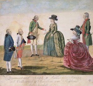 1787年5月18日、コイダックでドイツのジョセフ2世（1741-90）と皇后両陛下（1729-96）との出会い（色付き銅版画） 作： Johann Hieronymus Loeschenkohl