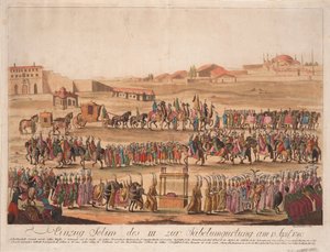 1789年4月13日、1789年、1789年4月13日のセイバーのガーディングへのスルタンセリムIIIの進入 作： Johann Hieronymus Loeschenkohl