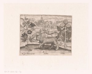 風景の中に花や動物を描いた版画シリーズ タチアオイ、ヒョウ、梅の木のある風景 動植物と花のある風景（連載タイトル） 作： Johann Hogenberg