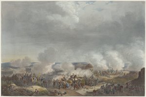 1815年、カトルブラの戦いでのオラニエ公 1815 年のウィリアム 1 世のブリュッセル到着と就任式、およびカトル ブラとワーテルローの戦いを描いた 12 枚のプレート (シリーズ タイトル) 作： Johann Hürlimann