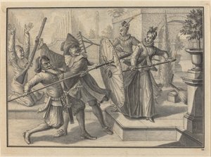 庭でコロンバインとブリガテラと戦うパンタロンとドクター 作： Johann Jacob Schubler