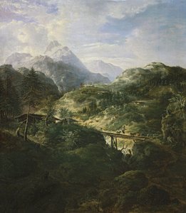 橋のある山の風景 作： Johann Jakob Dorner der Jüngere