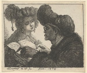 若い女性に朗読するターバンを巻いた男性 作： Johann Jakob Dorner the Elder
