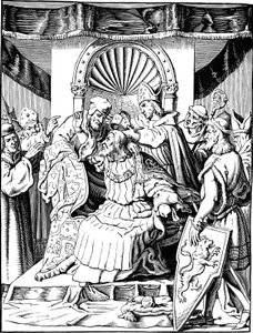 インゲルハイムでの皇帝ヘンリー 4 世の退位 E. Duller によるドイツ人の歴史からのイラスト、1840 年 作： Johann Jakob Kirchhoff