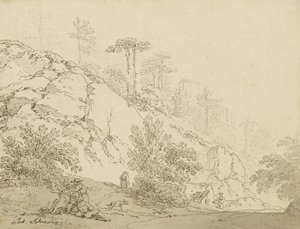 岩の多い地形、背景の城で休んでいる農民 作： Johann Josef Schindler