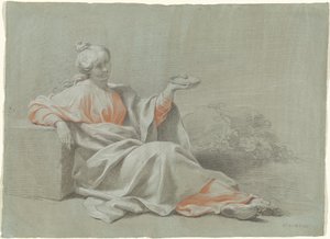屋外に座って、ボウルを持つ若い女性 作： Johann Justin Preissler