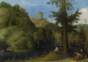 樹木が茂った風景の中で2人の旅行者がいる隠者 作： Johann König