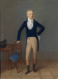 椅子の背もたれにもたれかかる、乗馬衣装を着た金髪の紳士の全身像 作： Johann Lorenz Kreul