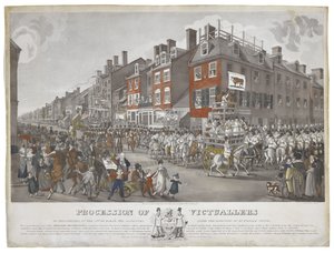1821年3月15日のフィラデルフィアの酒保人の行列 1821年～1822年頃（紙にアクアチントと手彩色のエッチング 作： Johann Ludwig  Krimmel