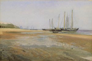 エルベの砂の上の貨物船、184045（カードにマウントされた紙に油彩） 作： Johann Martin Gensler