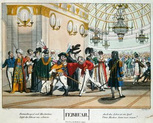 ニュルンベルクで発行された2月のカレンダーのイラスト「シュロベタイドの仮面舞踏会」1830年頃（カラーエングレービング） 作： Johann Michael (after) Voltz