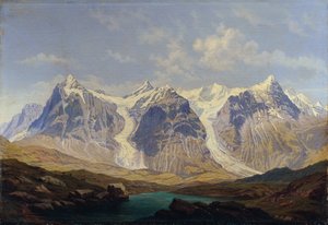 ウェッターホルン、メッテンベルク、アイガー、その間にある 2 つのグリンデルワルト氷河 作： Johann Michael Sattler