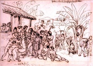 領地を訪れたインディアン、ブラジル、1825年頃（鉛筆の上にペンと茶色のインク）。 作： Johann Moritz Rugendas