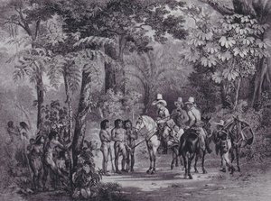 「絵のように美しいブラジルへの航海」からのヨーロッパの探検家とのインド人の会合 作： Johann Moritz Rugendas
