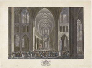 1815 年 9 月 21 日、ブリュッセルの聖ギュドゥル教会でウィレム 1 世の祝福 1815 年のウィレム 1 世のブリュッセルへの到着と就任式、およびカトル ブラとワーテルローの戦いを描いた 12 枚のプレート (シリーズ タイトル) 作： Johann Nepomuk Gibèle (possibly)