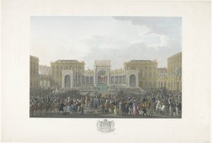 1815 年 9 月 21 日のブリュッセルでのウィリアム 1 世の就任式 1815 年のウィリアム 1 世のブリュッセル到着と就任式、およびカトル ブラとワーテルローの戦いを描いた 12 枚のプレート (シリーズ タイトル) 作： Johann Nepomuk Gibèle