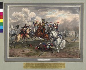 フレデリック・ディットマイヤーは1814年2月17日、ヴィルヌーヴでトラッシュ男爵の大佐軍曹を捕らわれの身のフランス騎兵隊から救出した。 作： Johann Nepomuk Hoechle