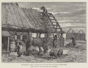 ロシアの飢饉、農家は屋根からサッチを取り牛に餌をやる 作： Johann Nepomuk Schonberg